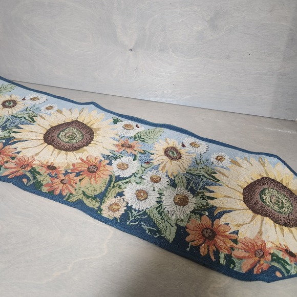 Tapestry Table Runner Sunflowers Daisies Blue Floral Accent Home Decor - Picture 3 of 8